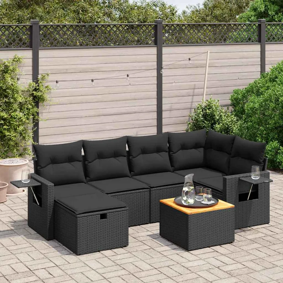 Salon de jardin 7 pcs avec coussins noir résine tressée 62 x 62 x 69 cm - 57,4 kg