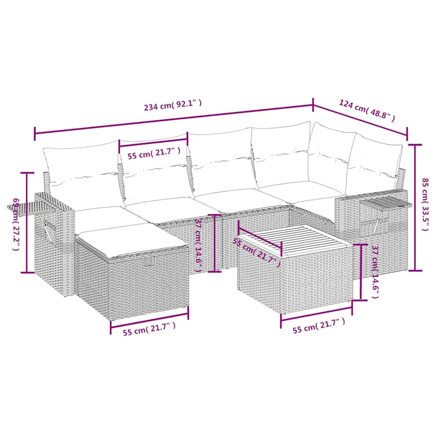 Salon de jardin 7 pcs avec coussins noir résine tressée 62 x 62 x 69 cm - 57,4 kg - 4