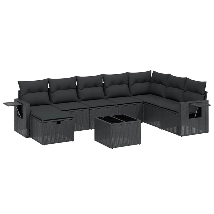 Salon de jardin 9 pcs avec coussins noir résine tressée - 2