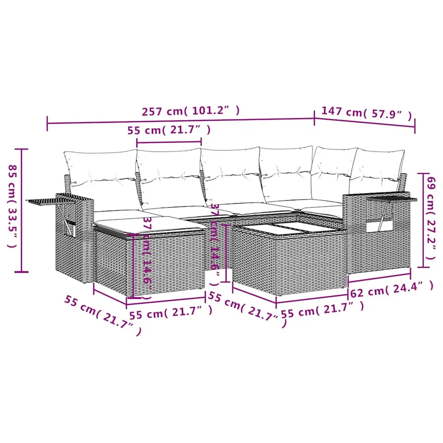 Salon de jardin 7 pcs avec coussins noir résine tressée 62 x 62 x 69 cm - 57,6 kg - 10