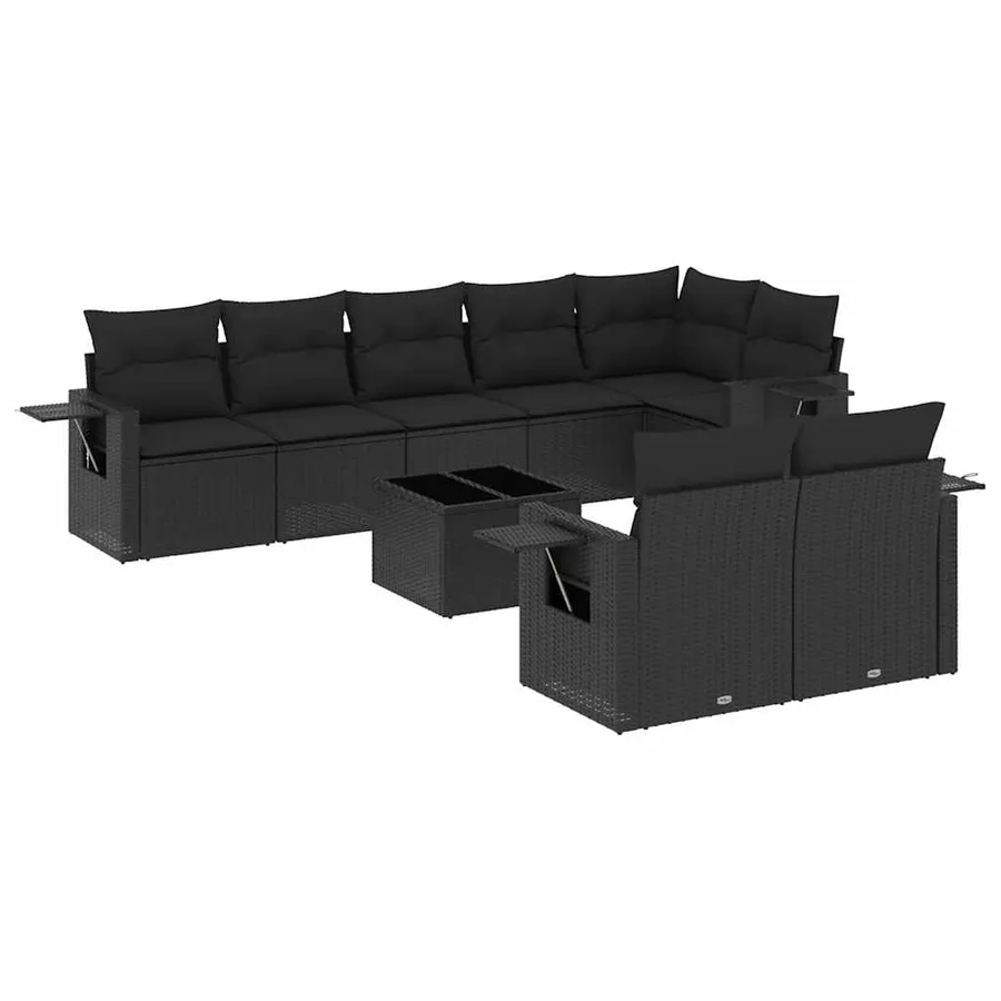 Salon de jardin 9 pcs avec coussins noir résine tressée - 2