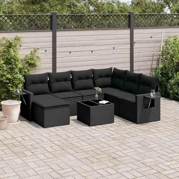 Salon de jardin 8 pcs avec coussins noir résine tressée