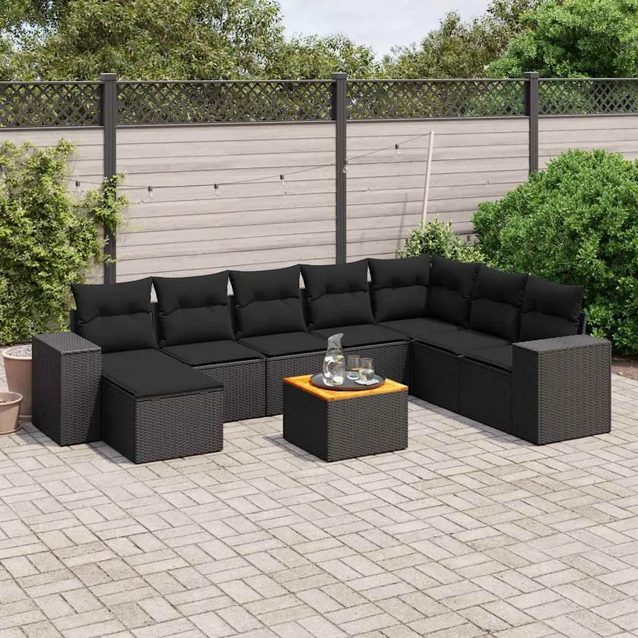 Salon de jardin 9 pcs avec coussins noir résine tressée