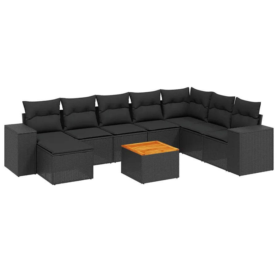 Salon de jardin 9 pcs avec coussins noir résine tressée - 2