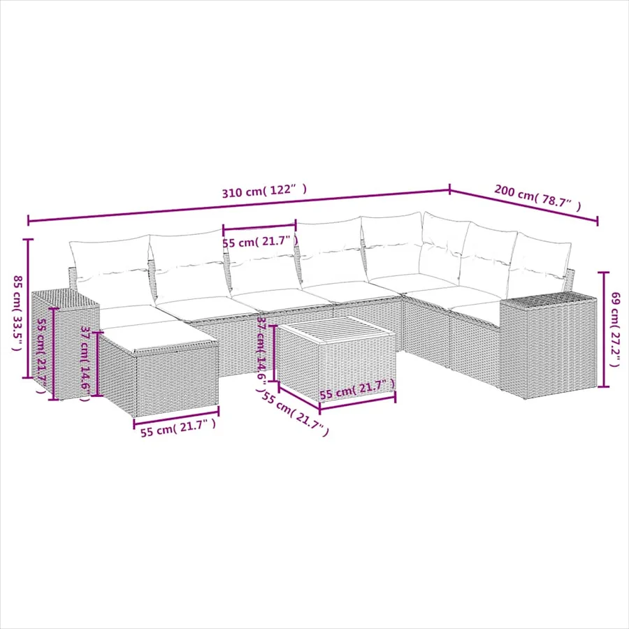 Salon de jardin 9 pcs avec coussins noir résine tressée - 3