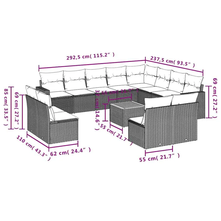Salon de jardin avec coussins 13 pcs noir résine tressée - 12