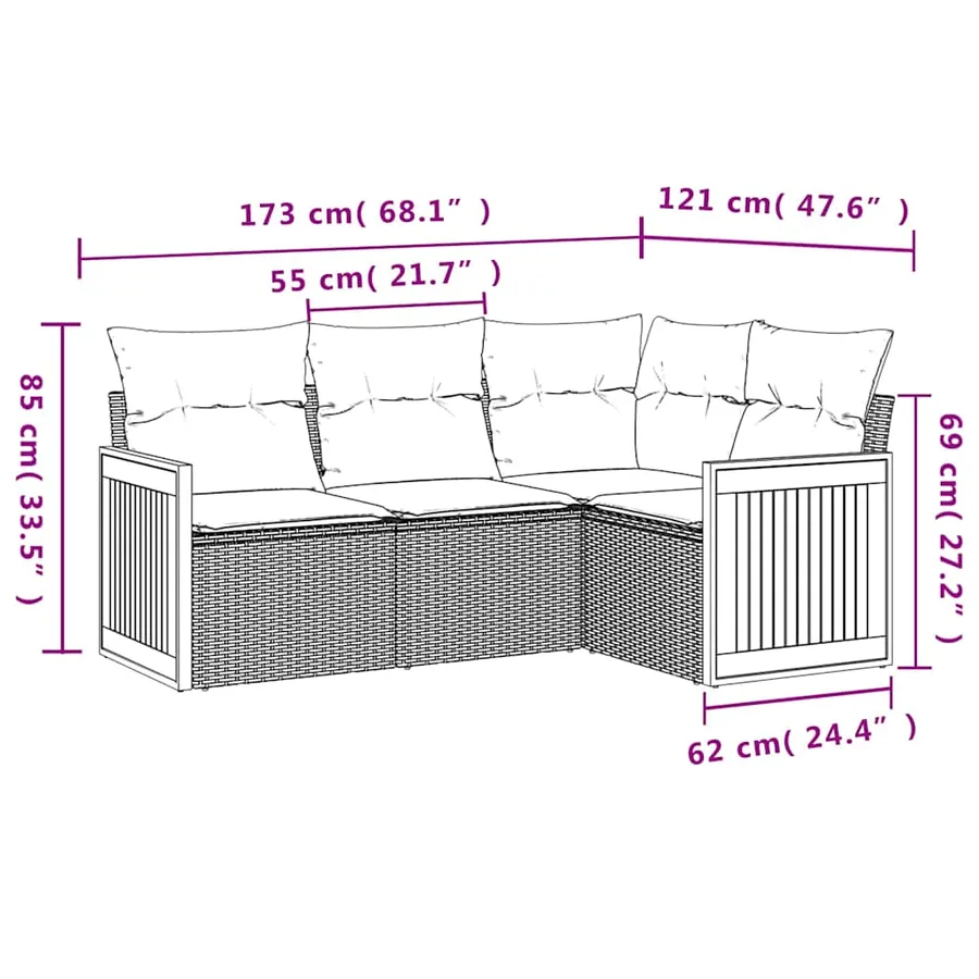 Salon de jardin 4 pcs avec coussins noir résine tressée - 3