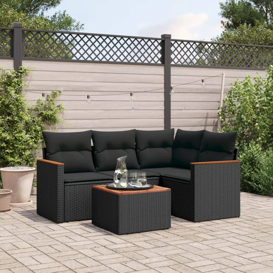 Salon de jardin 5 pcs avec coussins noir résine tressée