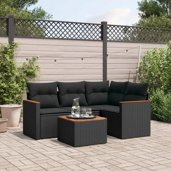 Salon de jardin 5 pcs avec coussins noir résine tressée