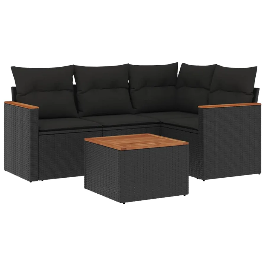 Salon de jardin 5 pcs avec coussins noir résine tressée - 2