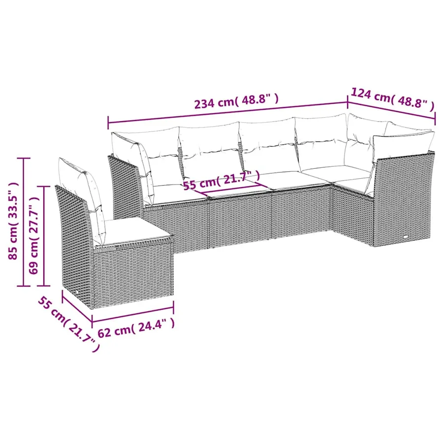 Salon de jardin 6 pcs avec coussins noir résine tressée - 3