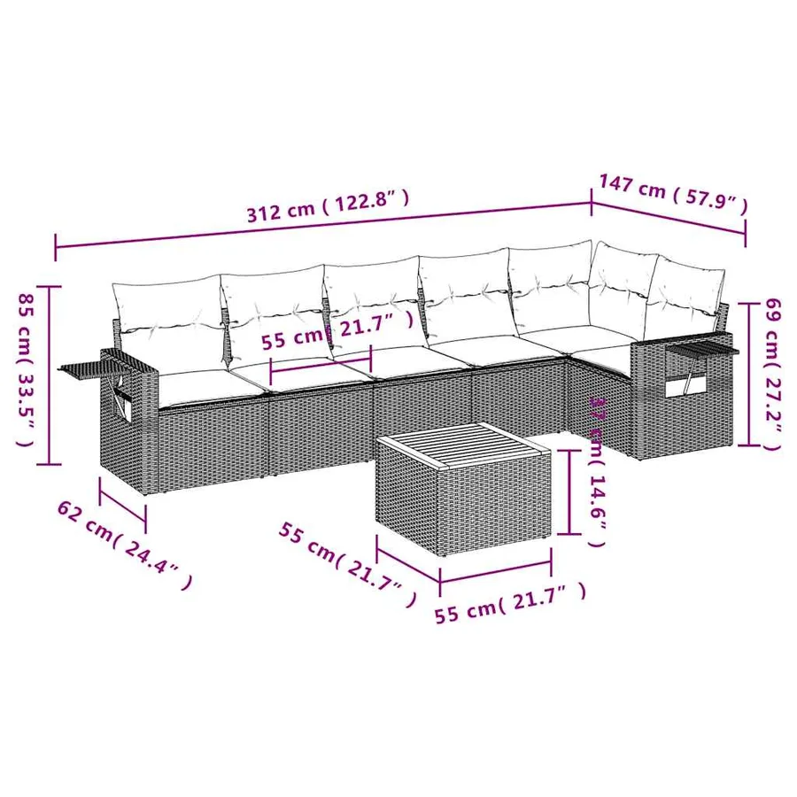 Salon de jardin 7 pcs avec coussins noir résine tressée 62 x 62 x 69 cm - 60,6 kg - 3