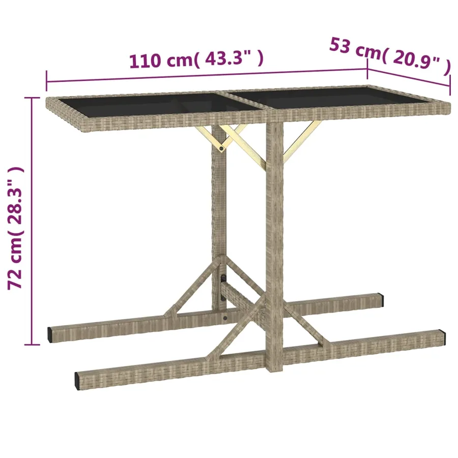 Table de jardin Beige 110x53x72 cm Verre et résine tressée - 5