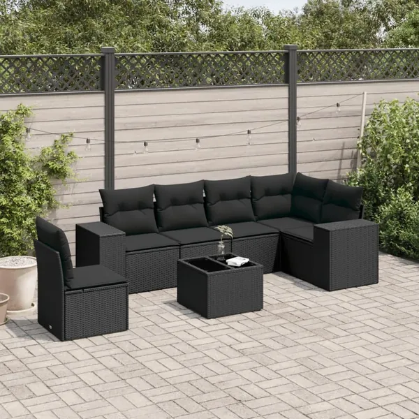 Salon de jardin 7 pcs avec coussins noir résine tressée 62 x 62 x 69 cm - 58,9 kg
