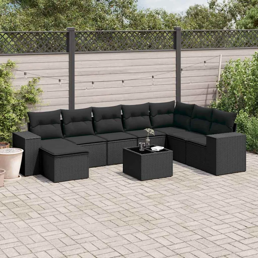 Salon de jardin 9 pcs avec coussins noir résine tressée
