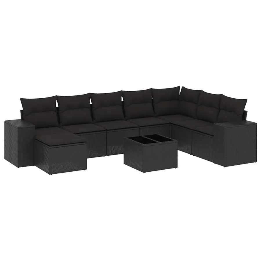 Salon de jardin 9 pcs avec coussins noir résine tressée - 2