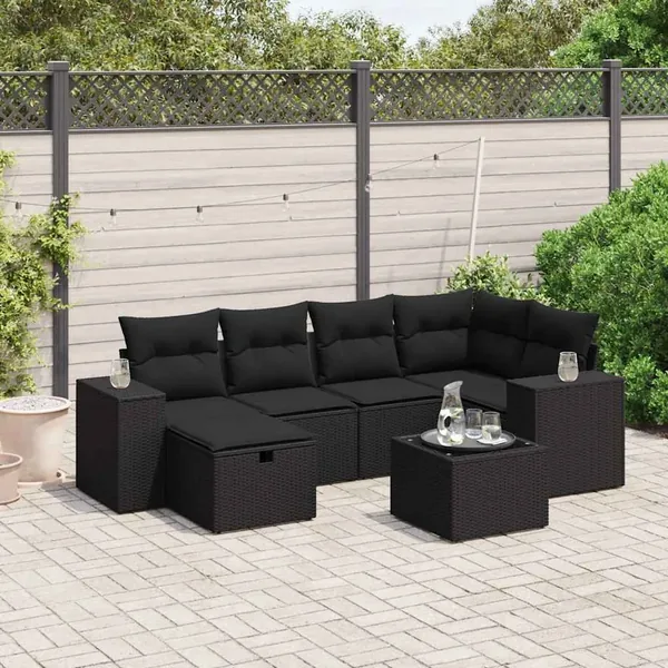 Salon de jardin 7 pcs avec coussins noir résine tressée 62 x 62 x 69 cm - 60,4 kg