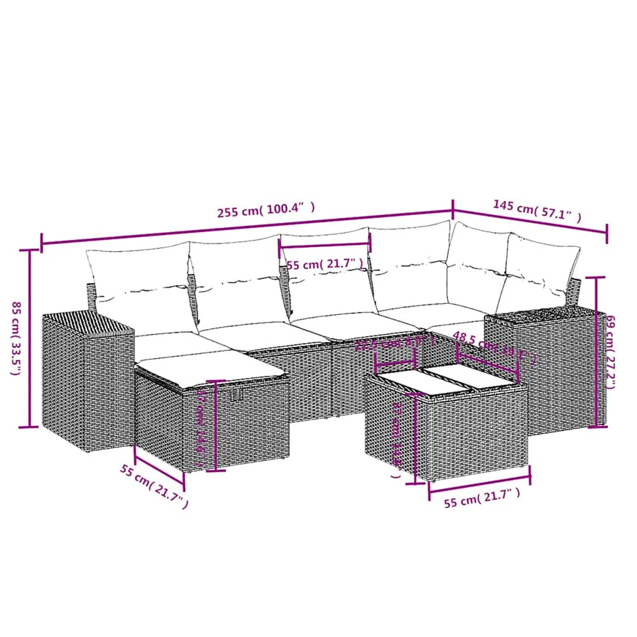Salon de jardin 7 pcs avec coussins noir résine tressée 62 x 62 x 69 cm - 60,4 kg - 4