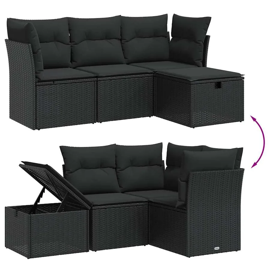Salon de jardin 4 pcs avec coussins noir résine tressée - 3