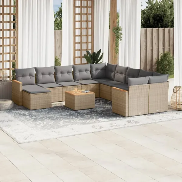 Salon de jardin et coussins 12 pcs mélange beige résine tressée