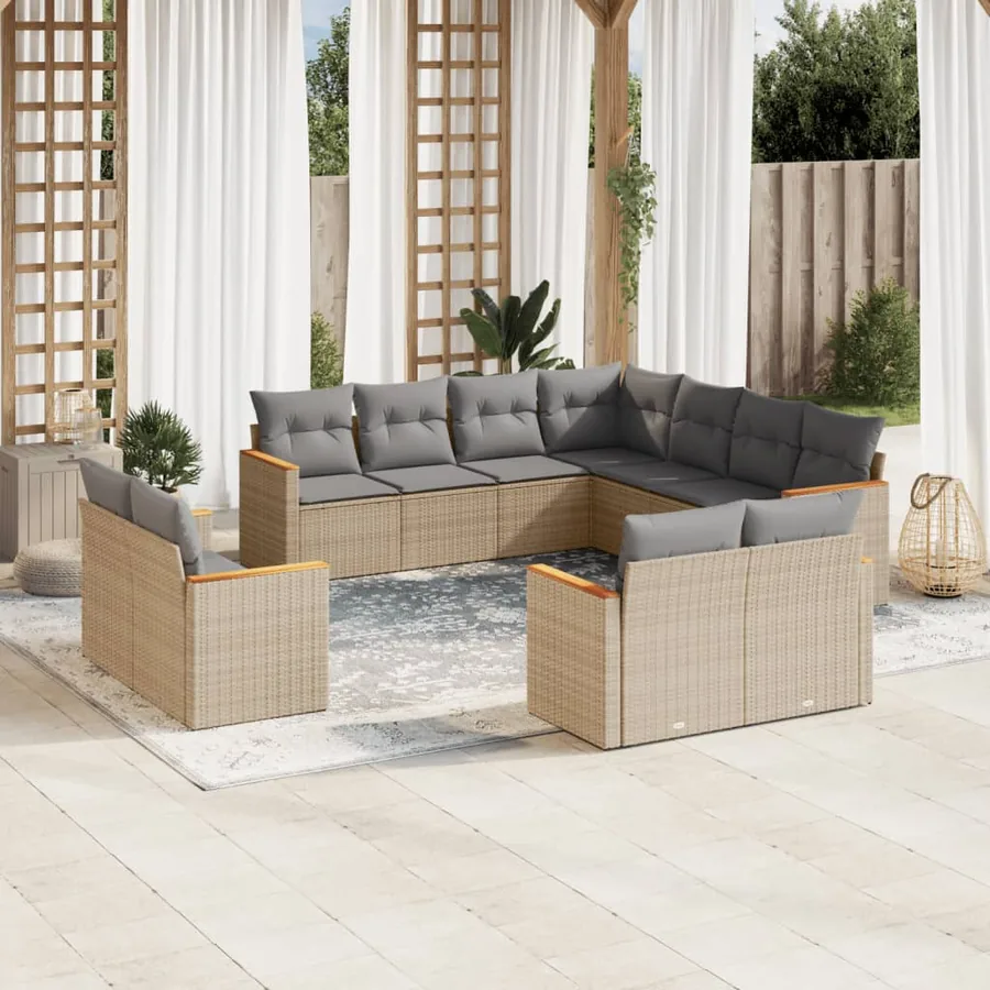 Salon de jardin et coussins 11 pcs mélange beige résine tressée