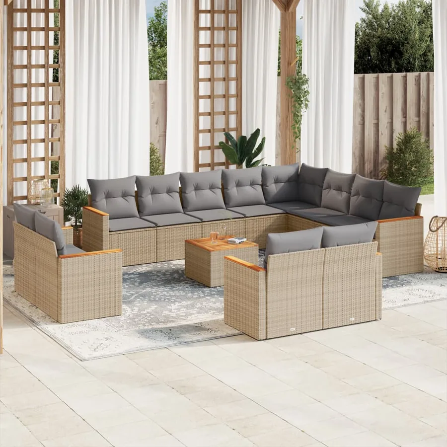 Salon de jardin et coussins 13 pcs mélange beige résine tressée