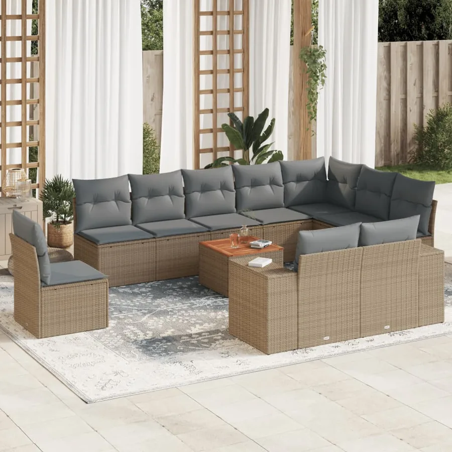 Salon de jardin 11 pcs avec coussins beige résine tressée