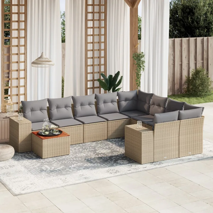Salon de jardin avec coussins 10 pcs beige résine tressée