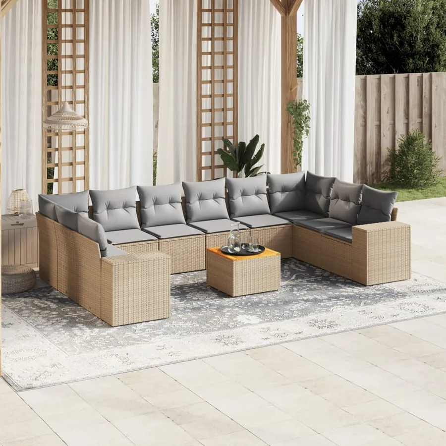 Salon de jardin 11 pcs avec coussins beige résine tressée
