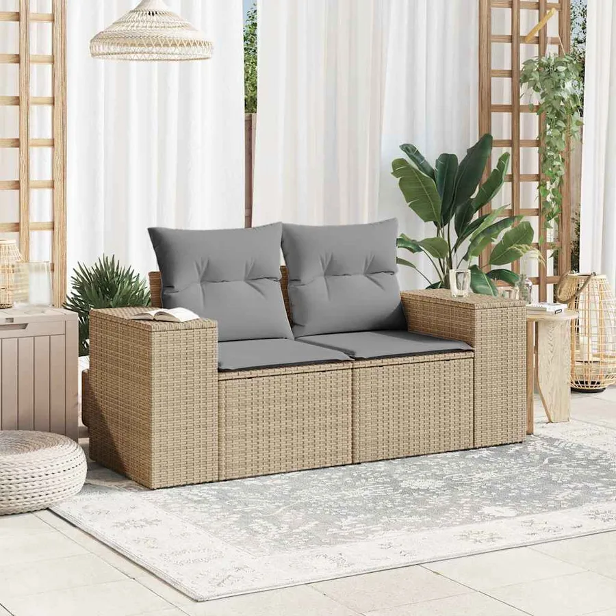 Canapé de jardin avec coussins 2 places beige résine tressée - 3