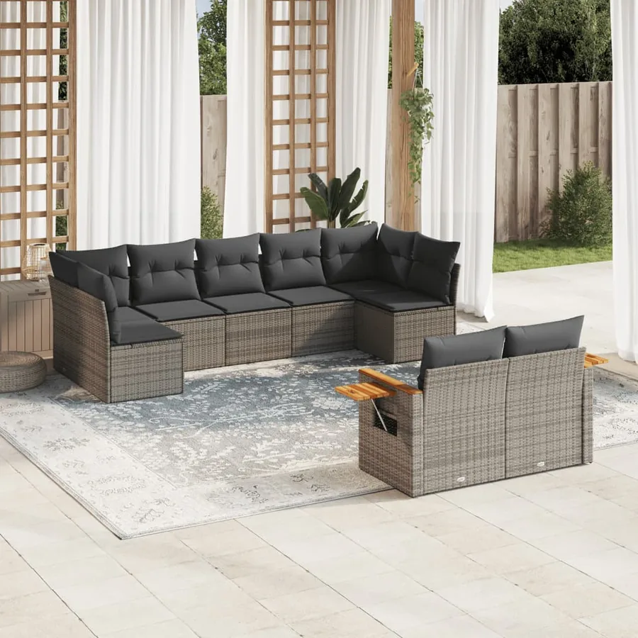 Salon de jardin 9 pcs avec coussins gris résine tressée
