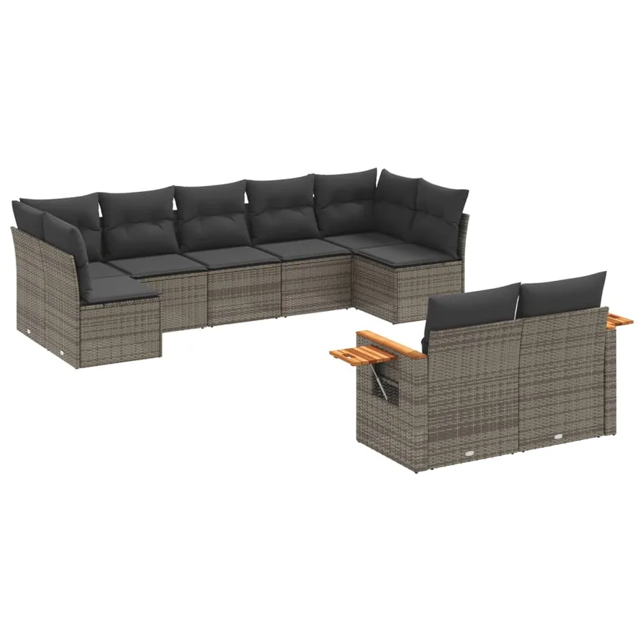 Salon de jardin 9 pcs avec coussins gris résine tressée - 2