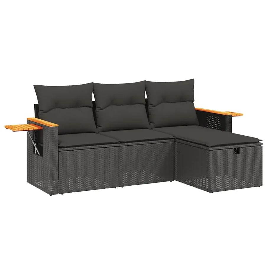 Salon de jardin 4 pcs avec coussins noir résine tressée - 2