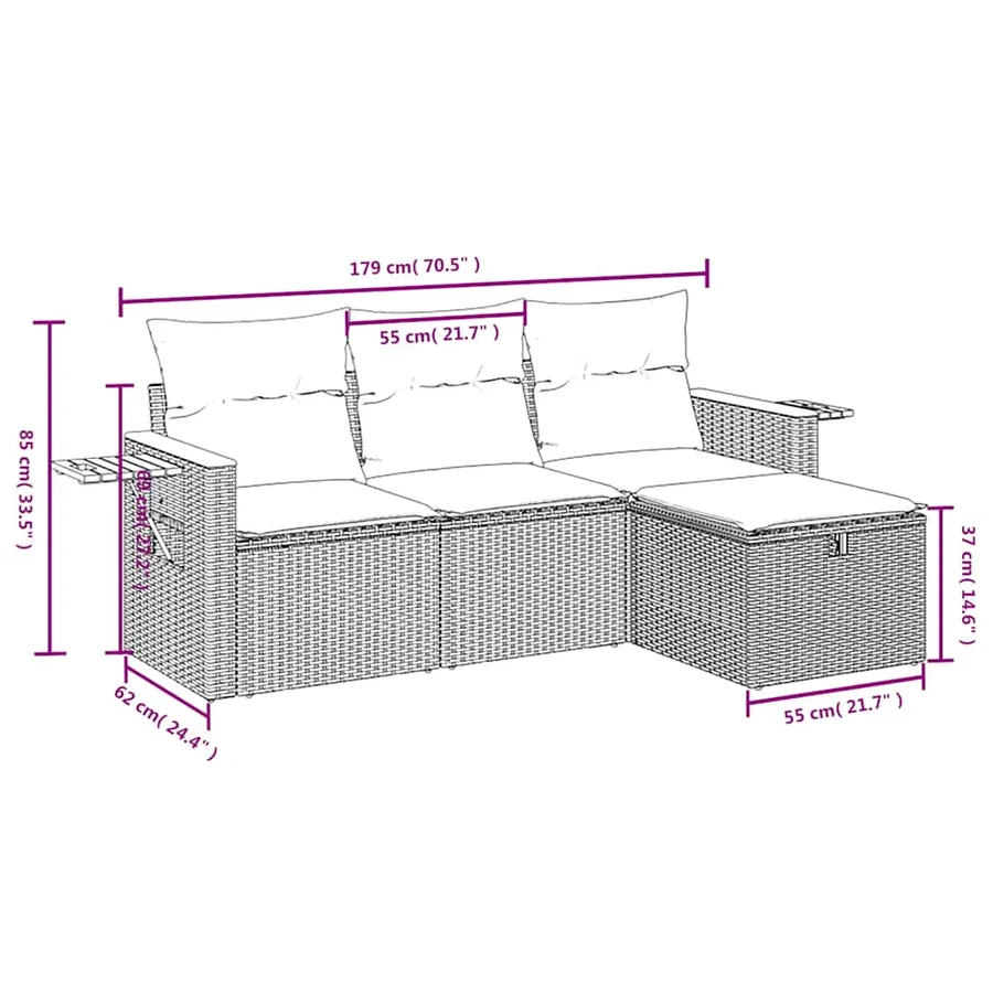Salon de jardin 4 pcs avec coussins noir résine tressée - 3