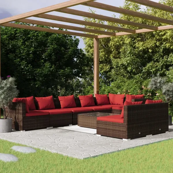 Salon de jardin avec coussins 9 pcs marron résine tressée