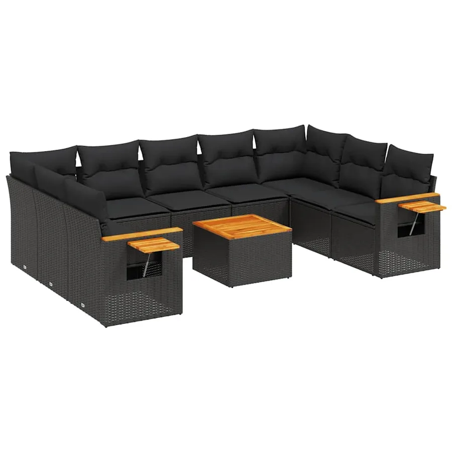 Salon de jardin 10 pcs avec coussins noir résine tressée - 2