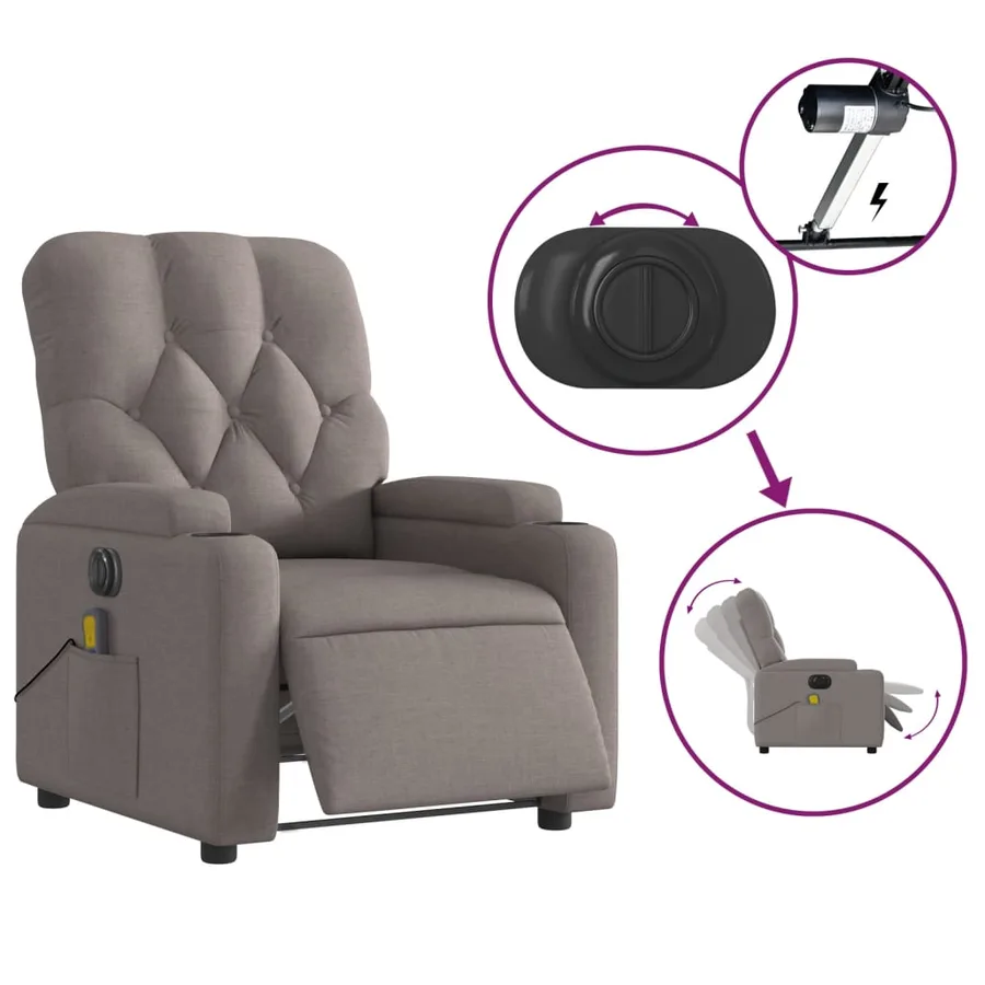Fauteuil de massage inclinable électrique Taupe Tissu - 6