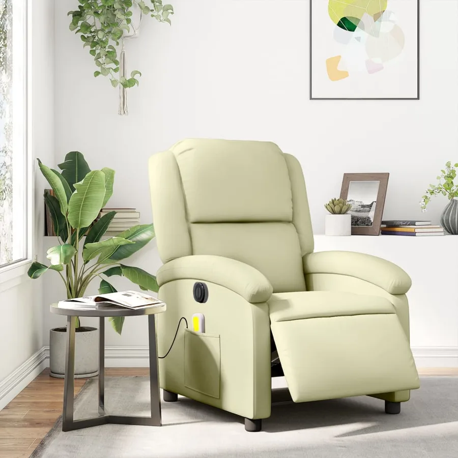 Fauteuil de massage inclinable électrique crème cuir véritable - 15