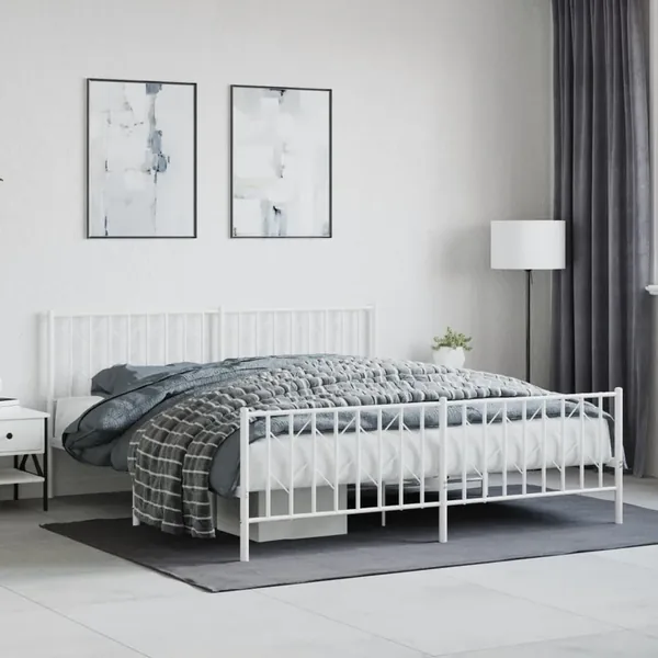 Cadre de lit métal sans matelas et pied de lit blanc 183x213 cm
