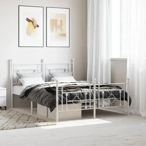 Cadre de lit métal sans matelas et pied de lit blanc 140x200 cm