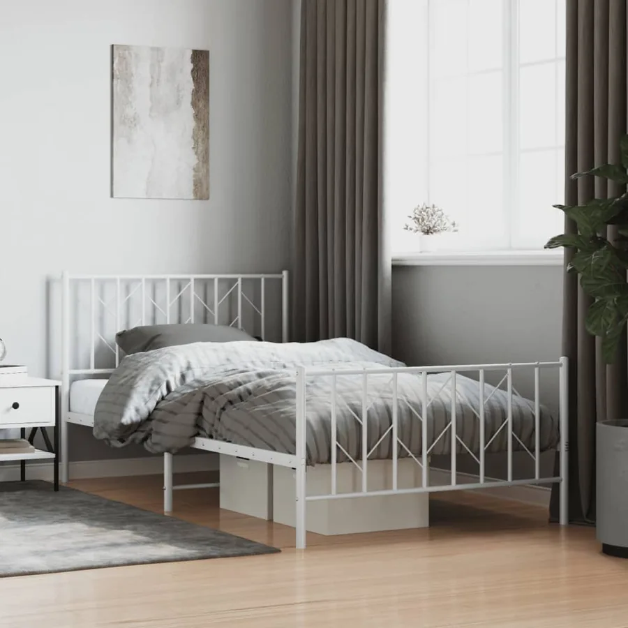 Cadre de lit métal sans matelas et pied de lit blanc 107x203 cm