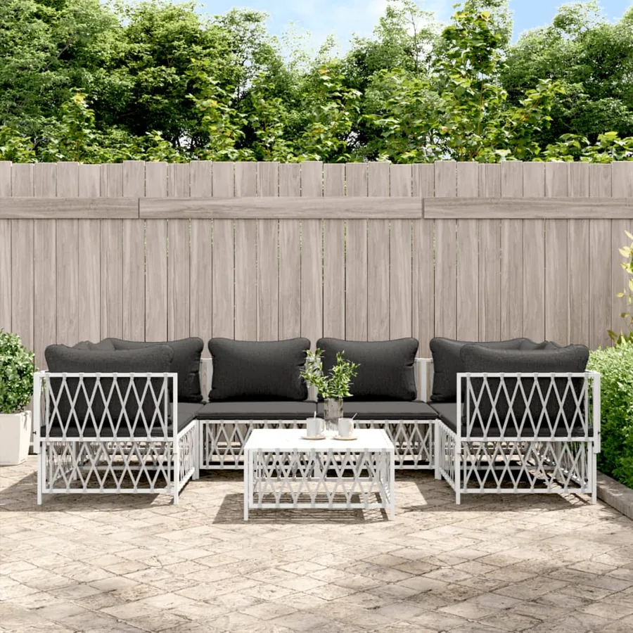 Salon de jardin 7 pcs avec coussins blanc acier