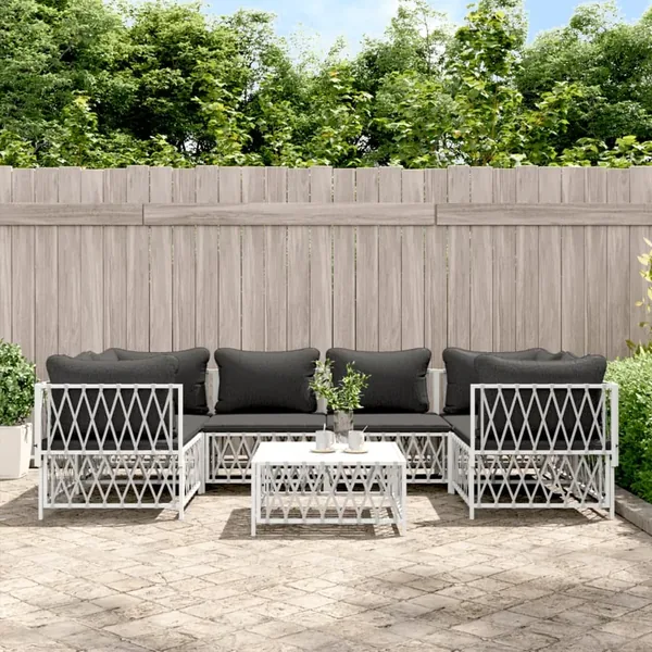 Salon de jardin 7 pcs avec coussins blanc acier