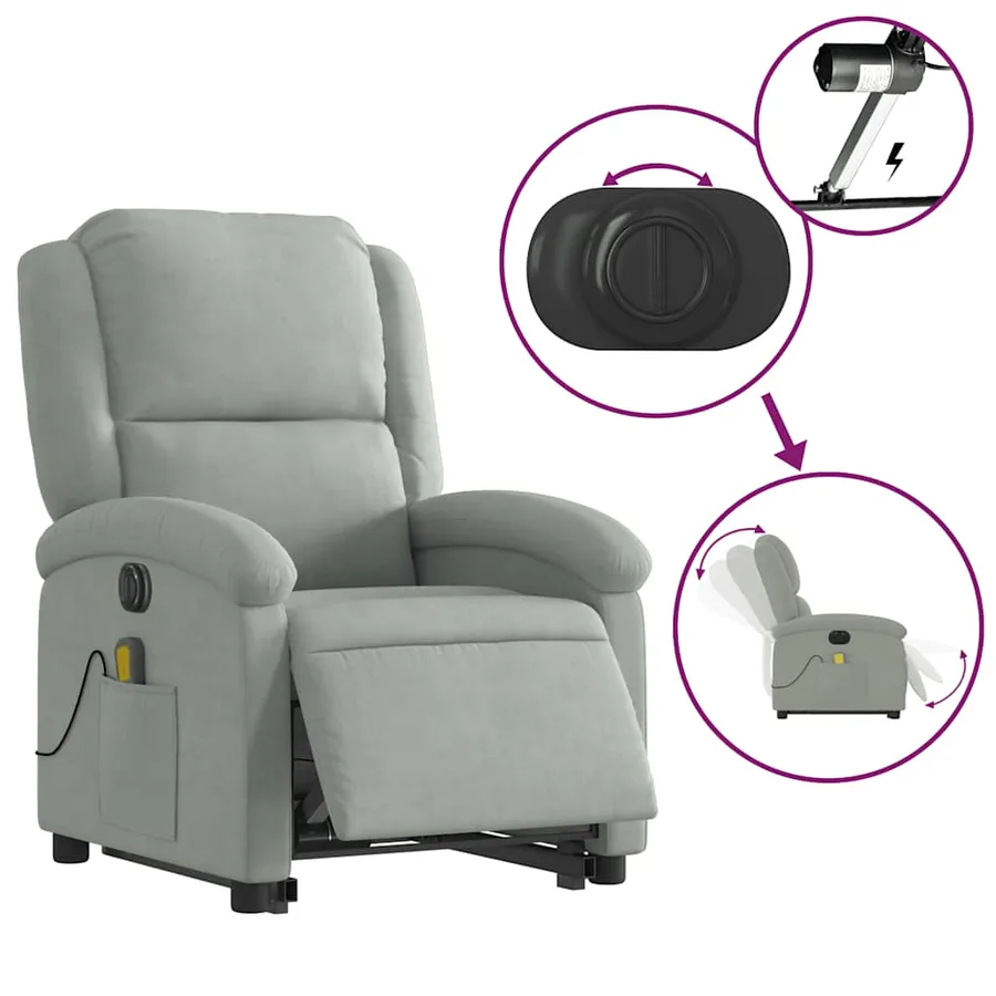 Fauteuil inclinable de massage électrique gris clair velours - 6