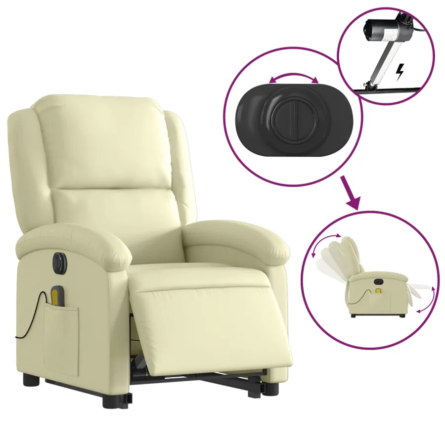 Fauteuil inclinable de massage électrique crème cuir véritable - 6