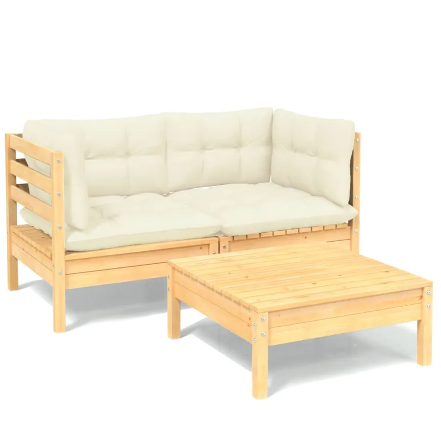 Salon de jardin 3 pcs avec coussins crème bois de pin - 2
