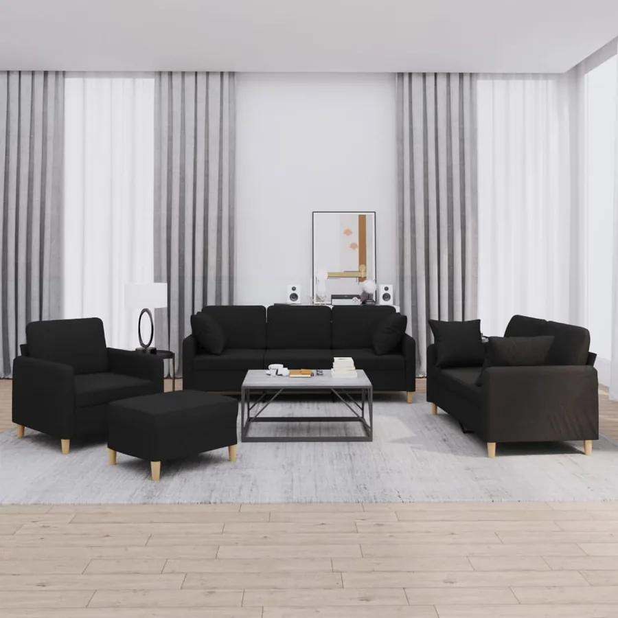 Ensemble de canapés 4 pcs avec coussins noir tissu
