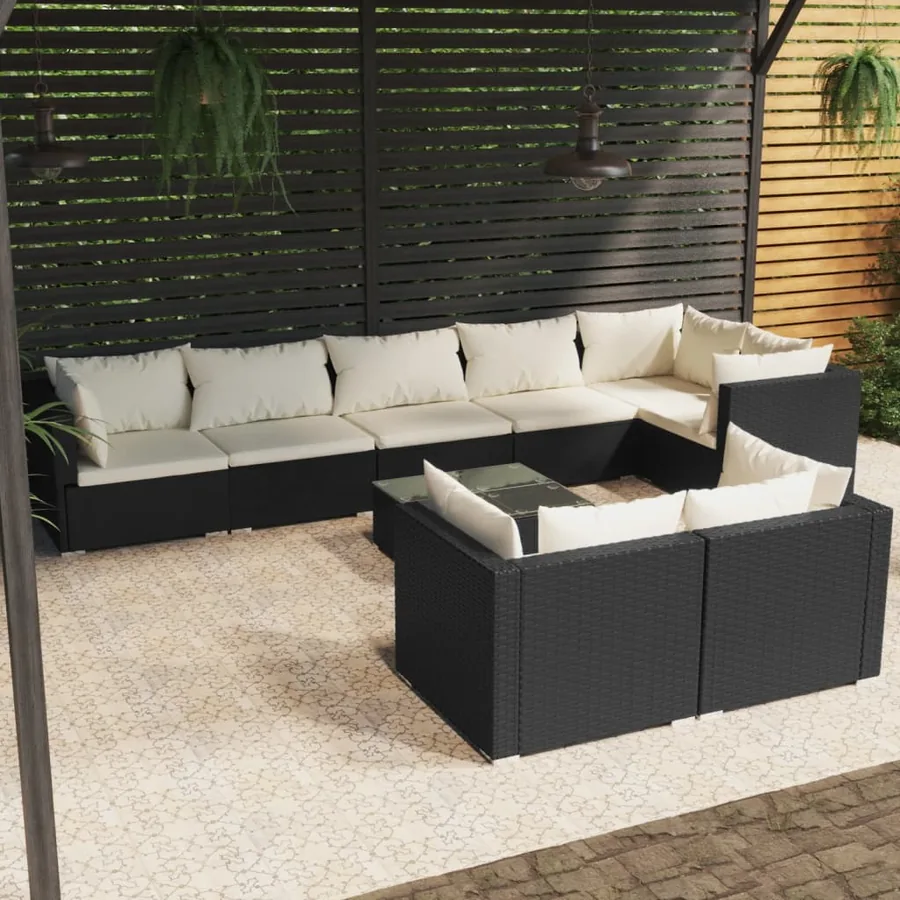 Salon de jardin 9 pcs avec coussins Noir Résine tressée
