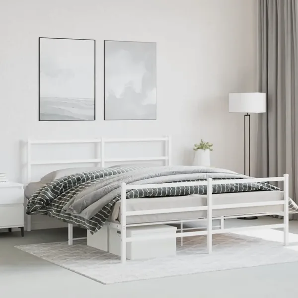 Cadre de lit métal sans matelas et pied de lit blanc 150x200 cm