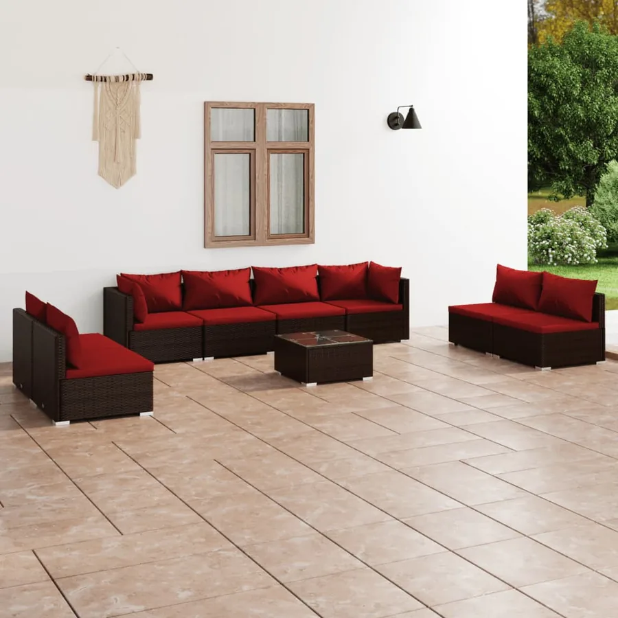 Salon de jardin 9 pcs avec coussins résine tressée marron